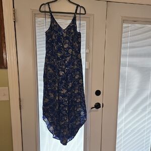 MSK Blue Black & White Floral High Low Loose Airy Festival Beach Romper MED